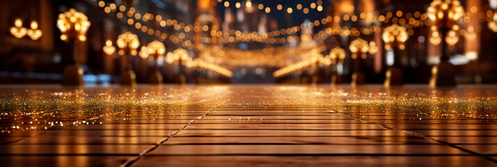abstract background and bokeh effect of wooden floor, falling balls on the city square.