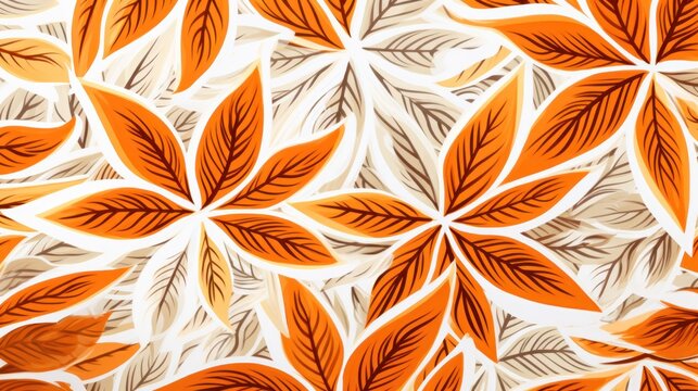  a close up of a pattern of orange leaves on a white background with orange and brown leaves on the left side of the image.