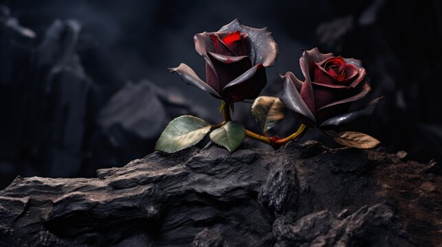  two red roses sitting atop a rock in the dark, with a blurred background The roses are vibrant and full of life, with their petals open and their leaves still atta