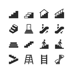 Steps icons set. Human climbing steps. Ladder. A structure consisting of several steps and a railing. Black and white style
