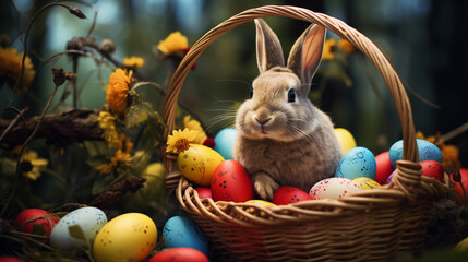 Enchanting Easter Bunny Surrounded by Vibrant Eggs in Wicker Basket Amidst Spring Blooms