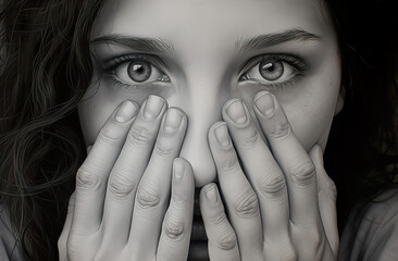 a woman holding her face against her hand