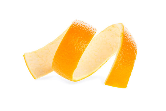 Orange twist isolated on a white background. Orange peel close-up. Orange citron.