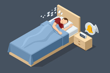 Isometric man sleeping in bed at night. Tiredness and exhaustion concept. - obrazy, fototapety, plakaty