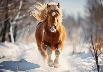 Horse galloping gracefully in the snow. Winter time. AI generated