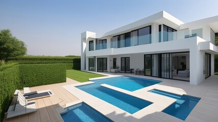 Luxurious Modern White Villa with Swimming Pool and Green Lawn