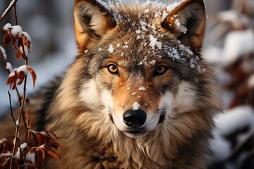 Naklejka na ściany i meble A shot of wolf standing on ice and snowing red wolf looking at camera. Generative AI