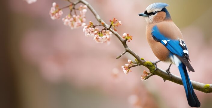 Jay bird on a branch in spring. 
