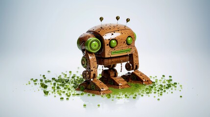 Ein ungewöhnlicher Roboter aus Holz mit grünen Augen.
