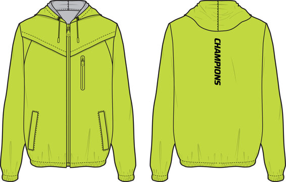 Pull over windbreaker Hoodie jacket design flat sketch Illustration, Hooded utility jacket with front and back view, winter jacket for Men and women. for running, outerwear and workout in winter