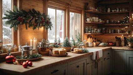 Fototapeta na wymiar Cozy village kitchen with Christmas decor, new Year's mood, preparing for the holiday, utensils. Merry Christmas and Happy New Year greeting card, home warmth