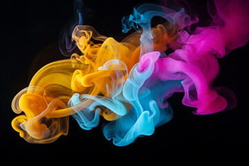 Fototapeta premium Creative Vibrant Smoke Swirls in Blue, Pink, and Yellow Hues Against a black background. Ai generated