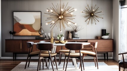 Interior design inspiration of Mid-century Modern Retro style home dining room loveliness decorated with Wood and Metal material and Sputnik Chandelier .Generative AI home interior design .