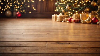 Fototapeta na wymiar Empty wooden floor in brown and gold tones for product display with a wall in the interior of the room, with a Christmas decor. Copy space, Christmas and New Year. 