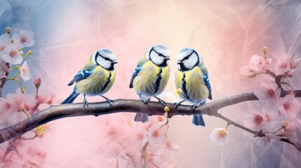 three small blue tit birds perching on a branch with spring flowers. 