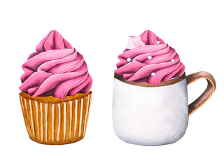 Sweets vanilla cupcake with pink berry cream and hot drink chocolate cup with whipped cream, coffee mug. Watercolor illustration for decoration and design, Valentine's Day or birthday