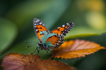 Fototapeta premium a closeup macro shot of a small tiny colorful butterfly on a leaf