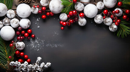 Christmas background with white baubles and fir branches on black wooden background. Flat lay. Top view. Generative AI technology.