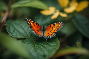 Obraz premium a closeup macro shot of a small tiny colorful butterfly on a leaf