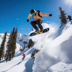 Fototapeta na wymiar A snowboarder performing a stylish grab trick while riding down a mountain
