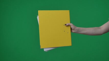 In the shot close up on a green background, chromakey. The woman holds in her hand a yellow folder...