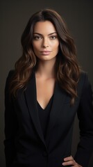 A portrait of a woman wearing a chic black blazer, looking confidently at the camera