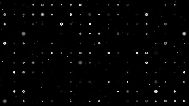 Template animation of evenly spaced warning symbols of different sizes and opacity. Animation of transparency and size. Seamless looped 4k animation on black background with stars