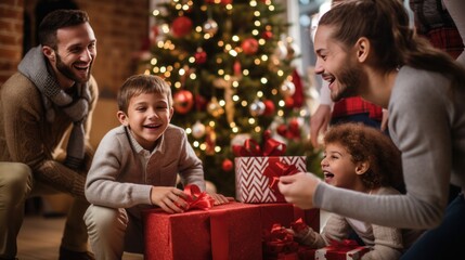 Fototapeta na wymiar little boy opening pile of presents and smiling with excitement while his family looks on in delight