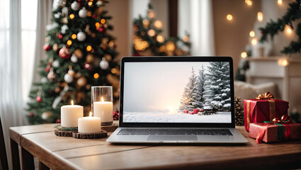 Laptop with a winter picture on the table against the background of the Christmas decor of the room with a Christmas tree, fairy lights, cozy home - Powered by Adobe