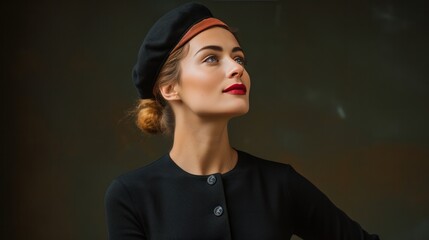 woman wearing a stylish beret, looking off into the distance with a thoughtful expression