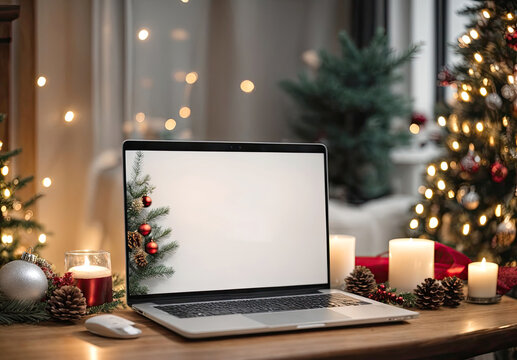 Laptop with a winter picture on the table against the background of the Christmas decor of the room with a Christmas tree, fairy lights, cozy home