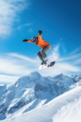 Fototapeta na wymiar A snowboarder performing a stylish grab trick while riding down a mountain