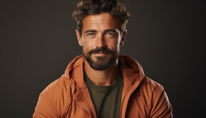 Obraz premium Confident young man with beard, smiling, looking at camera generated by AI