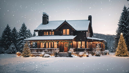 Wooden modern cozy house in Christmas decor and snow, Festive mood. Tourism, travel in winter, vacation on New Year, mini hotel, booking, insurance, mortgage, housing, rent, moving.