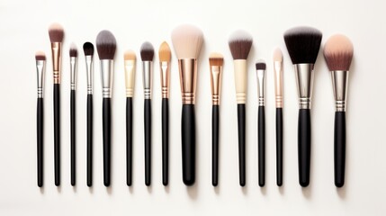 A set of makeup brushes and tools arranged artistically on a white background