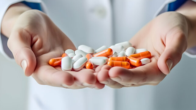 Closeup shot of hands holding a bunch of colorful capsules and pills