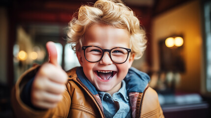 Image of a happy child with thumb up. The concept of good luck and good mood - Powered by Adobe