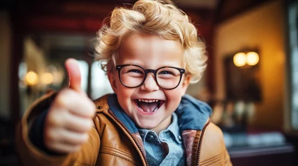 Fotobehang Image of a happy child with thumb up. The concept of good luck and good mood © mikhailberkut