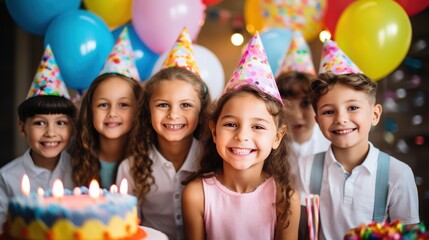 A group of smiling children wearing party hats and holding colorful balloons, with a birthday cake - Powered by Adobe