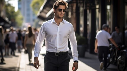 man wearing a crisp white shirt and tailored black pants, walking confidently down a busy street