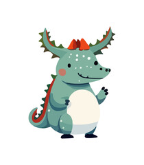 Vector cute Christmas dragon. Symbol of the New Year. Dinosaur illustration in watercolor style isolated on white background.