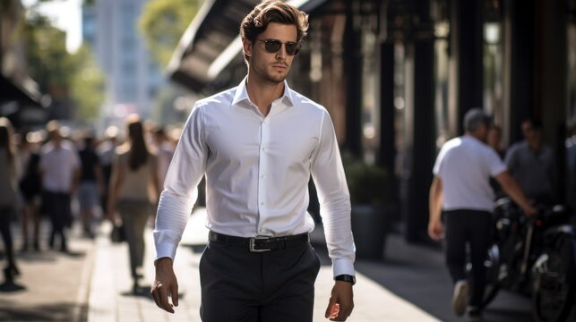 man wearing a crisp white shirt and tailored black pants, walking confidently down a busy street