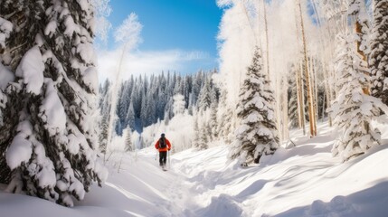 A snowboarder navigating through a forest of snow-covered trees