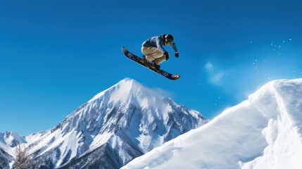 A snowboarder performing a stylish grab trick while riding down a mountain