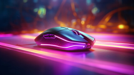 Une souris d'ordinateur chromé avec des néons, led intégrés de couleur rose. Technologie, ordinateur, travail. Pour conception et création graphique - obrazy, fototapety, plakaty