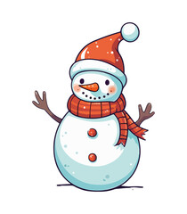 Snowman with a scarf, gloves and hat isolated in a white background in cartoon watercolor style. Flat design. Vector illustration.