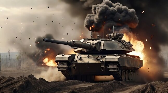 Military Tank in Action on Battlefield with Explosions and Smoke