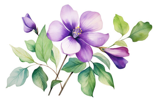 Watercolor image of purple flowers and green leaves on white background, top view