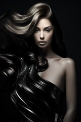 Naklejka premium beautiful woman with stylish shiny hair, fashionable female with wavy stylish haircut, shampoo ads concept