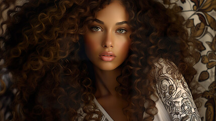 beautiful curly latina woman with stylish hair, attractive brazilian or black african american female with elegant hairstyle